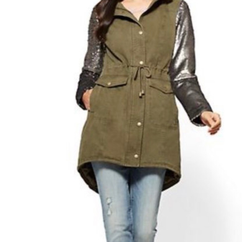 New York & Company Olive Green Sequin-Sleeve Anorak Jacket